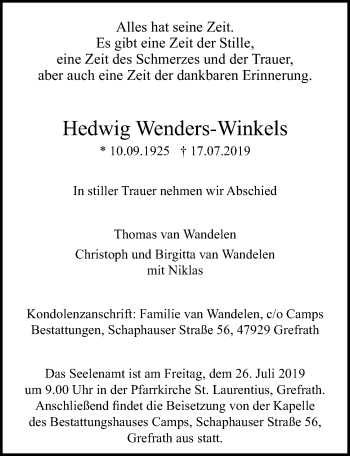 Traueranzeige von Hedwig Wenders-Winkels von Rheinische Post