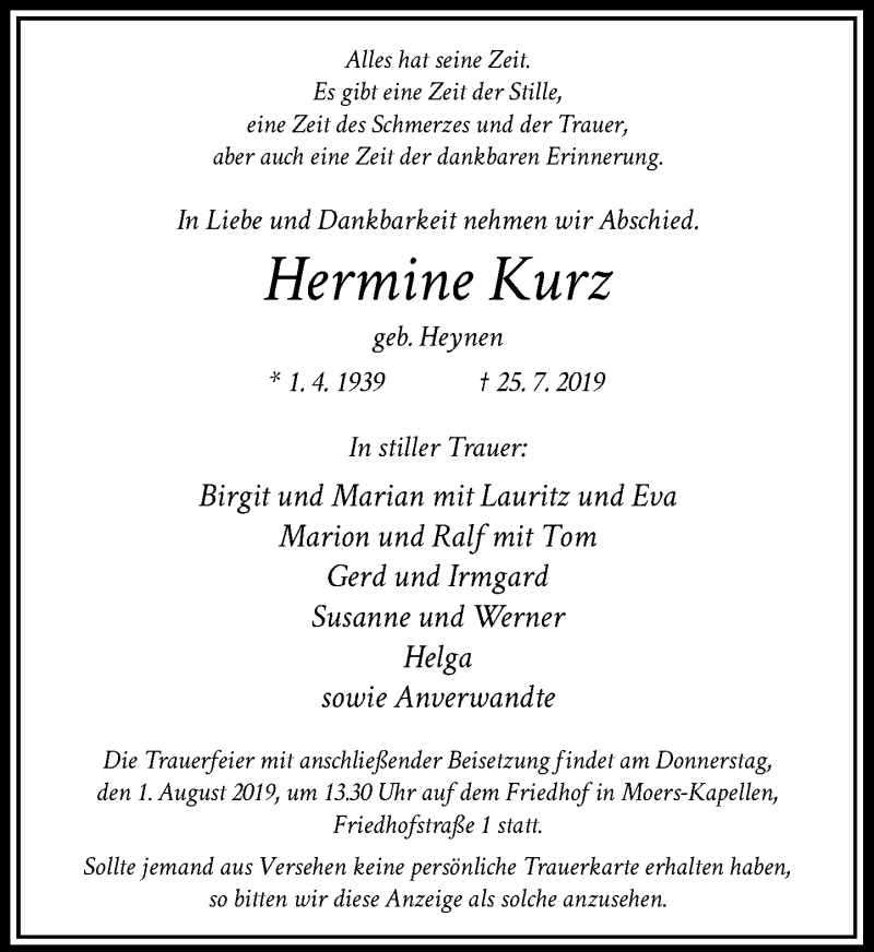  Traueranzeige für Hermine Kurz vom 29.07.2019 aus Rheinische Post
