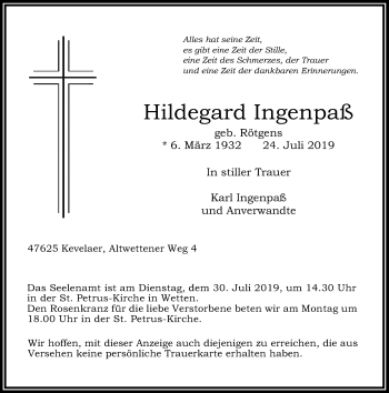 Traueranzeige von Hildegard Ingenpaß von Rheinische Post