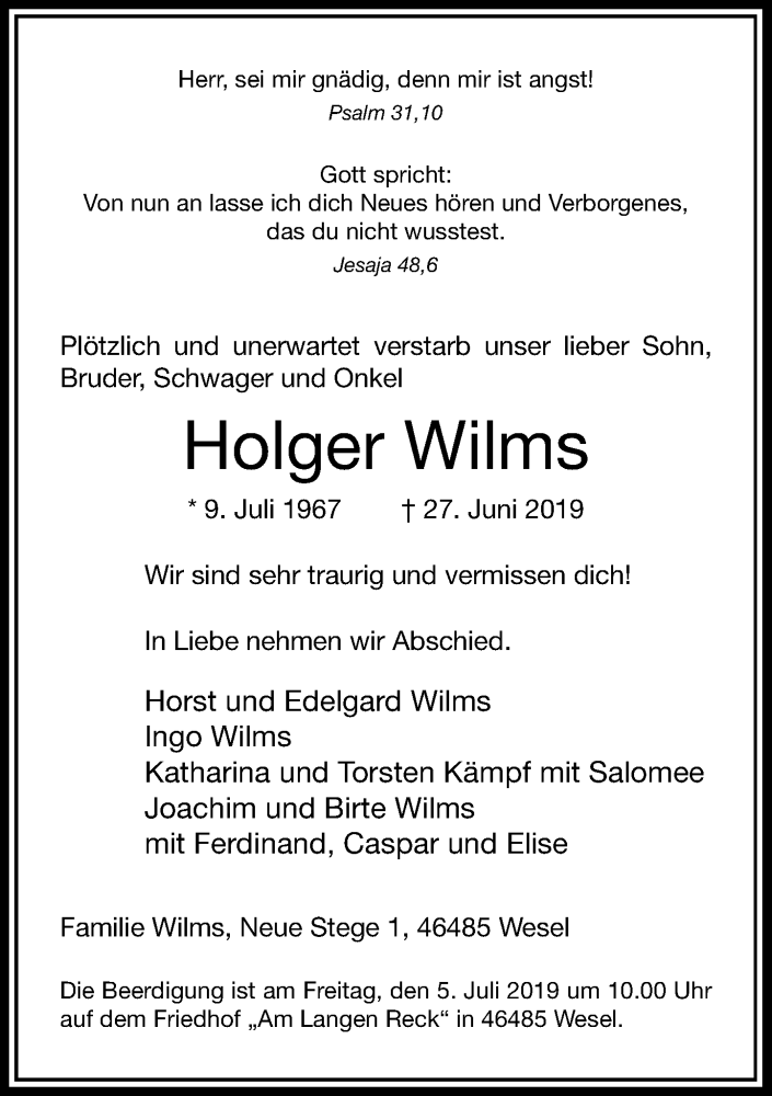 Traueranzeige für Holger Wilms vom 03.07.2019 aus Rheinische Post