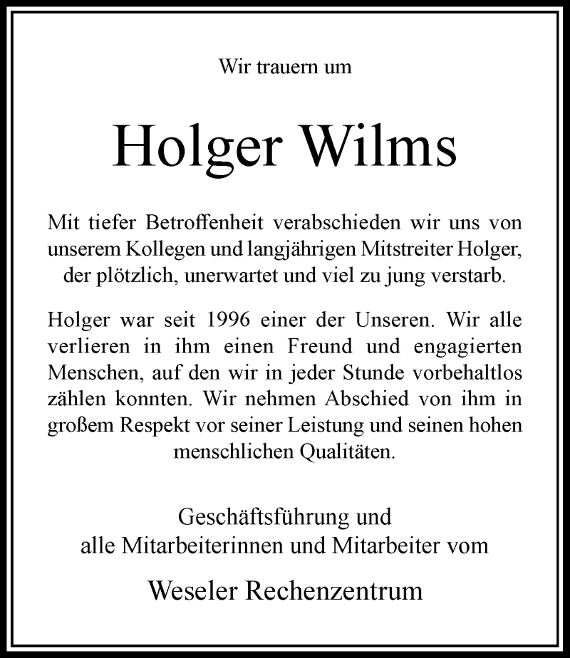  Traueranzeige für Holger Wilms vom 03.07.2019 aus Rheinische Post