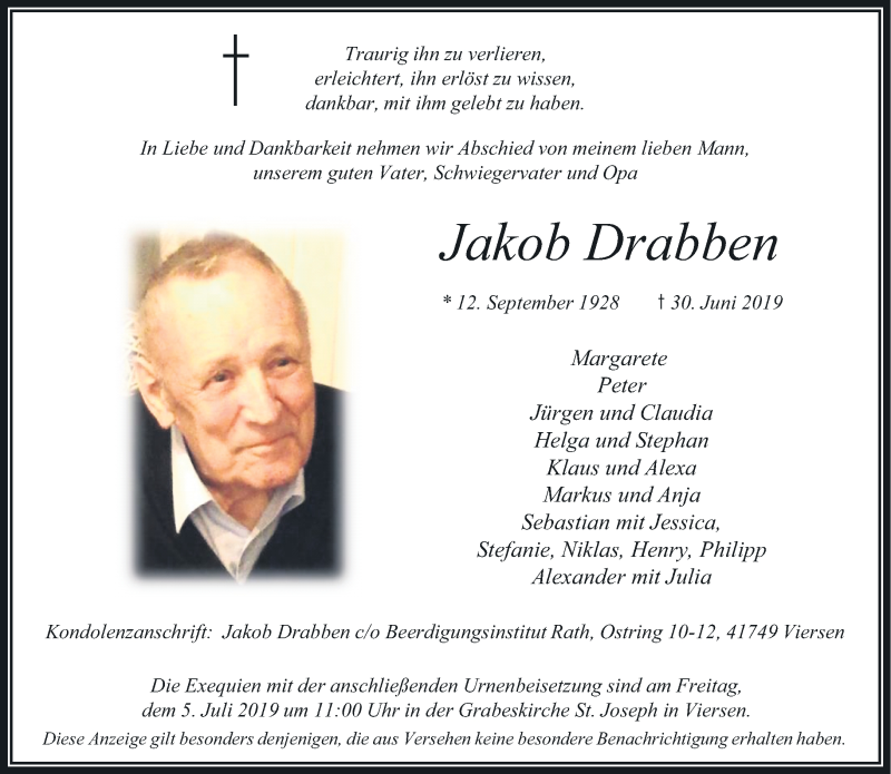  Traueranzeige für Jakob Drabben vom 03.07.2019 aus Rheinische Post