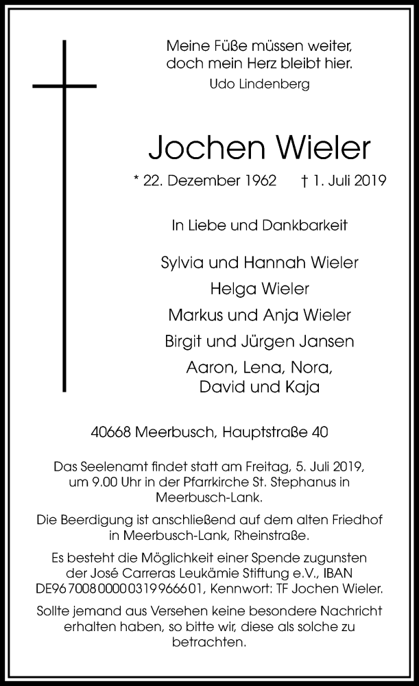  Traueranzeige für Jochen Wieler vom 03.07.2019 aus Rheinische Post