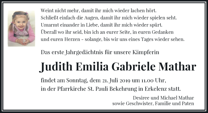  Traueranzeige für Judith Emilia Gabriele Mathar vom 19.07.2019 aus Rheinische Post