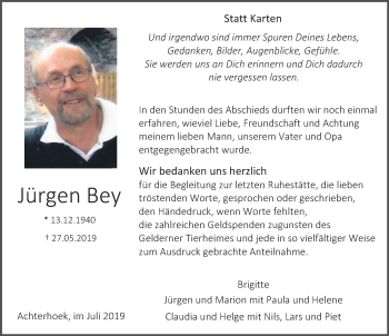 Traueranzeige von Jürgen Bey von Rheinische Post