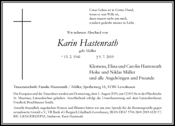 Traueranzeige von Karin Hastenrath von Rheinische Post