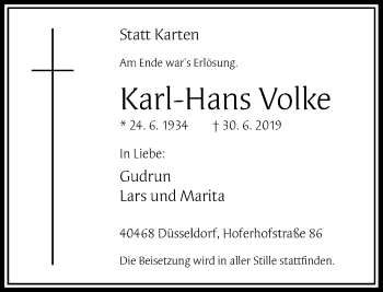 Traueranzeige von Karl-Hans Volke von Rheinische Post