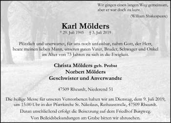Traueranzeige von Karl Mölders von Rheinische Post