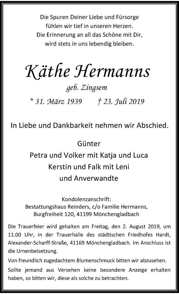  Traueranzeige für Käthe Hermanns vom 27.07.2019 aus Rheinische Post