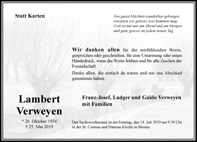  Traueranzeige für Lambert Verweyen vom 06.07.2019 aus Rheinische Post
