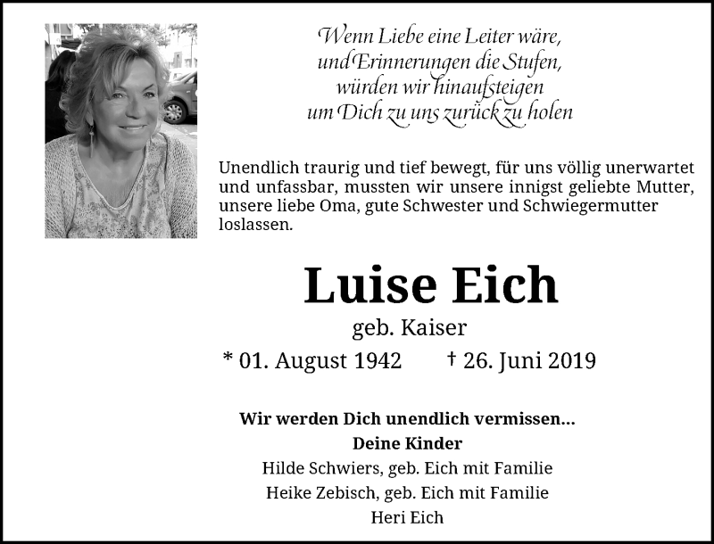  Traueranzeige für Luise Eich vom 10.07.2019 aus Rheinische Post
