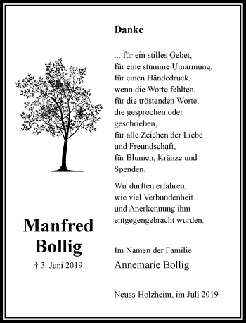 Traueranzeige von Manfred Bollig von Rheinische Post