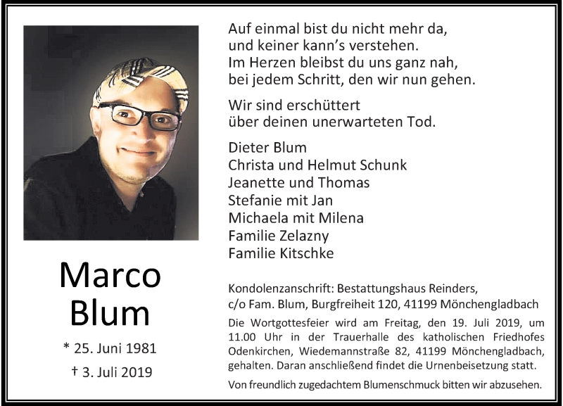  Traueranzeige für Marco Blum vom 13.07.2019 aus Rheinische Post