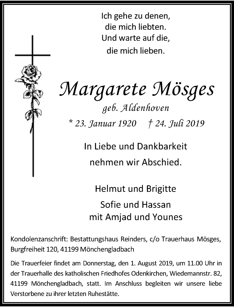  Traueranzeige für Margarete Mösges vom 27.07.2019 aus Rheinische Post