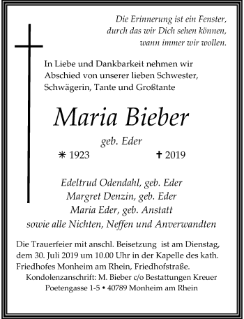 Traueranzeige von Maria Bieber von Rheinische Post