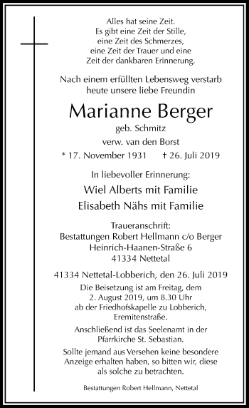 Traueranzeige von Marianne Berger von Rheinische Post