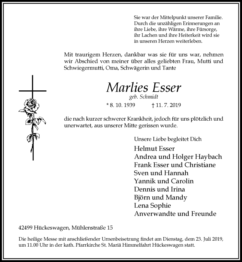  Traueranzeige für Marlies Esser vom 17.07.2019 aus Rheinische Post