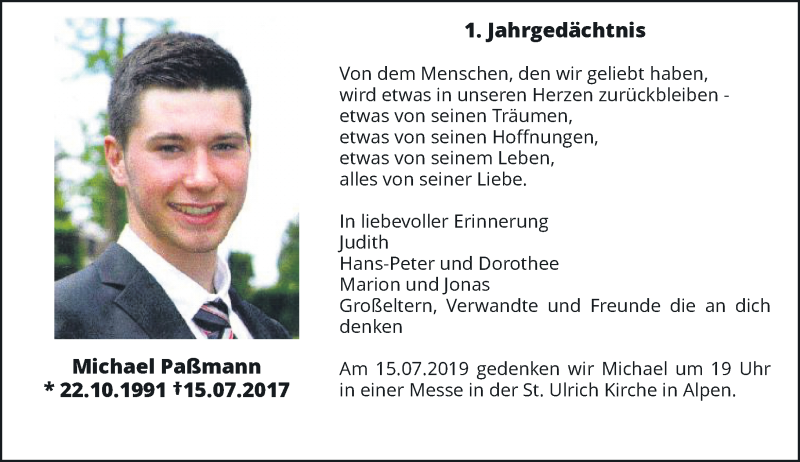  Traueranzeige für Michael Paßmann vom 12.07.2019 aus Rheinische Post