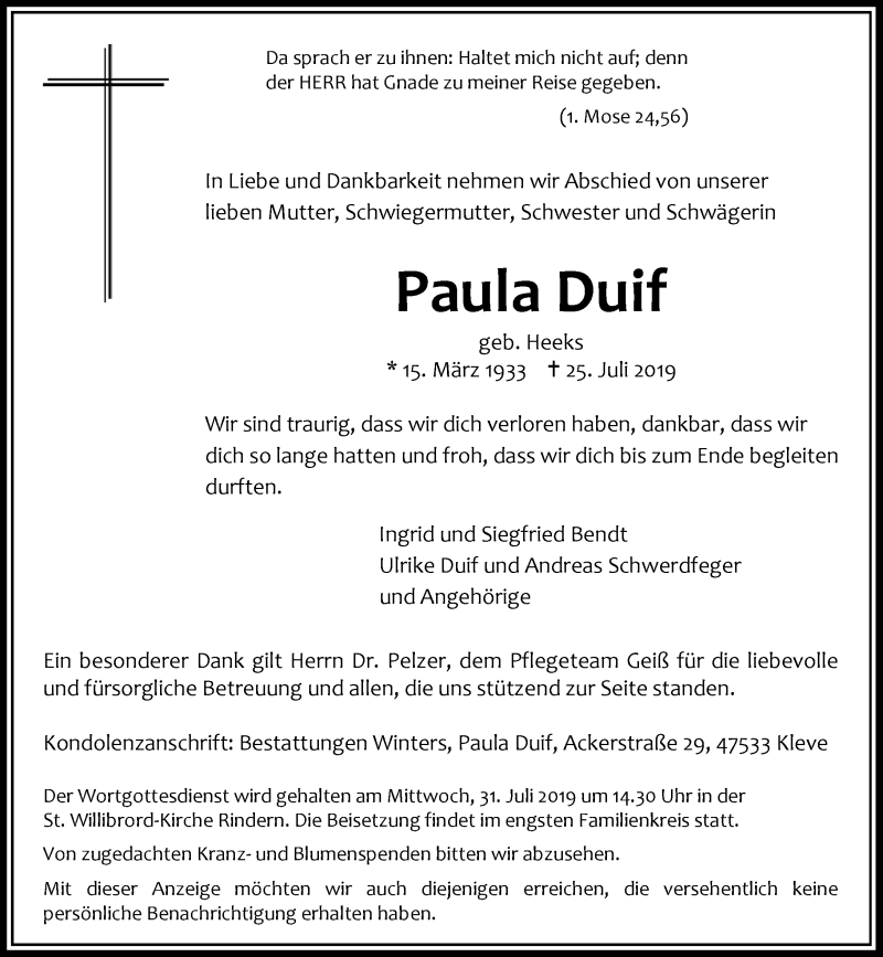 Traueranzeige für Paula Duif vom 29.07.2019 aus Rheinische Post