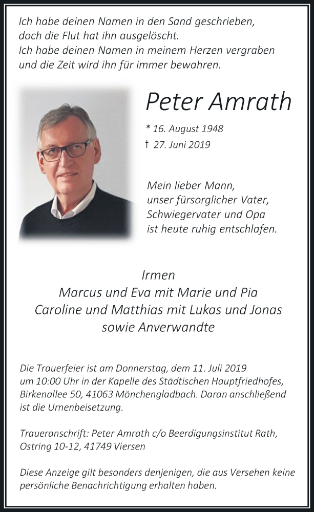  Traueranzeige für Peter Amrath vom 06.07.2019 aus Rheinische Post