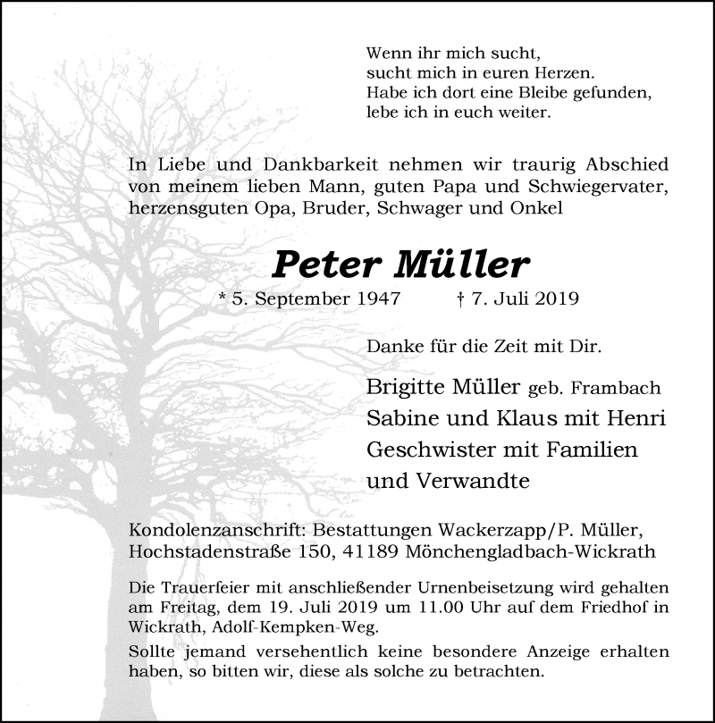  Traueranzeige für Peter Müller vom 13.07.2019 aus Rheinische Post