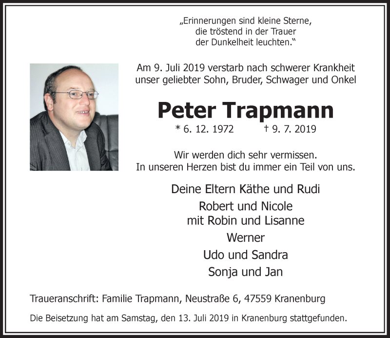  Traueranzeige für Peter Trapmann vom 18.07.2019 aus Rheinische Post