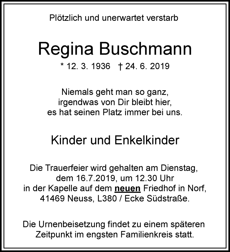  Traueranzeige für Regina Buschmann vom 06.07.2019 aus Rheinische Post