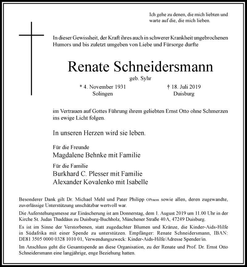  Traueranzeige für Renate Schneidersmann vom 27.07.2019 aus Rheinische Post