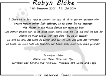 Traueranzeige von Robyn Blöhe von Rheinische Post