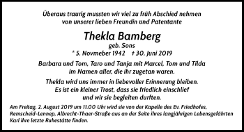 Traueranzeige von Thekla Bamberg von Rheinische Post
