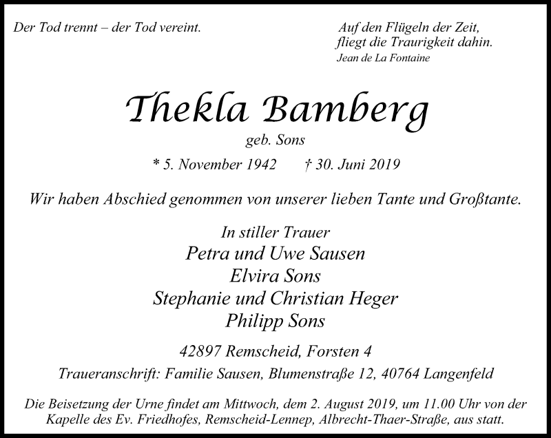  Traueranzeige für Thekla Bamberg vom 27.07.2019 aus Rheinische Post
