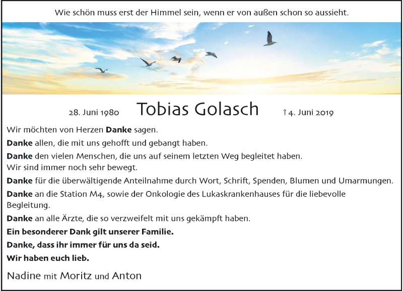  Traueranzeige für Tobias Golasch vom 06.07.2019 aus Rheinische Post