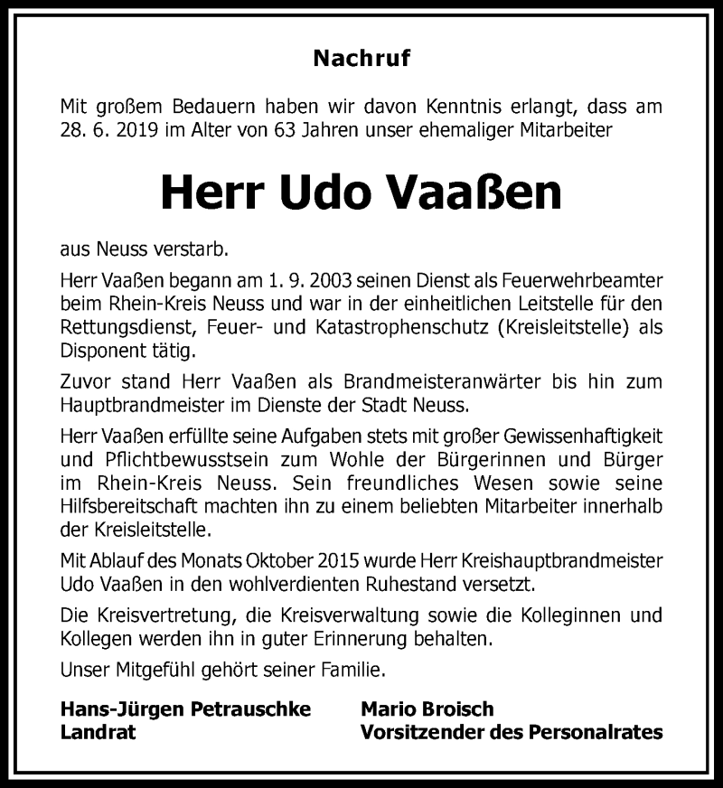  Traueranzeige für Udo Vaaßen vom 11.07.2019 aus Rheinische Post