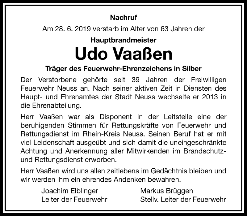  Traueranzeige für Udo Vaaßen vom 09.07.2019 aus Rheinische Post