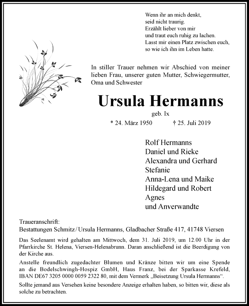  Traueranzeige für Ursula Hermanns vom 27.07.2019 aus Rheinische Post