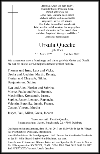 Traueranzeige von Ursula Quecke von Rheinische Post