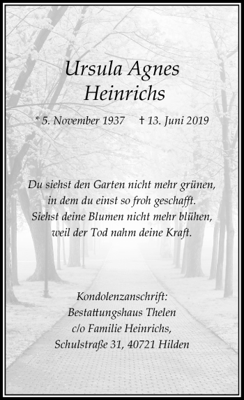 Traueranzeige von Ursula Agnes Heinrichs von Rheinische Post