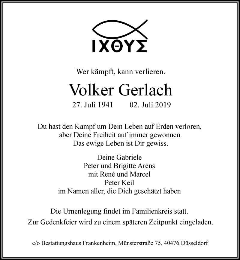  Traueranzeige für Volker Gerlach vom 13.07.2019 aus Rheinische Post