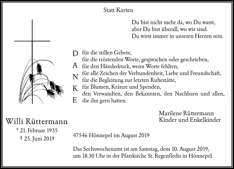  Traueranzeige für Willi Rüttermann vom 03.08.2019 aus Rheinische Post