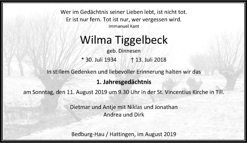  Traueranzeige für Wilma Tiggelbeck vom 03.08.2019 aus Rheinische Post