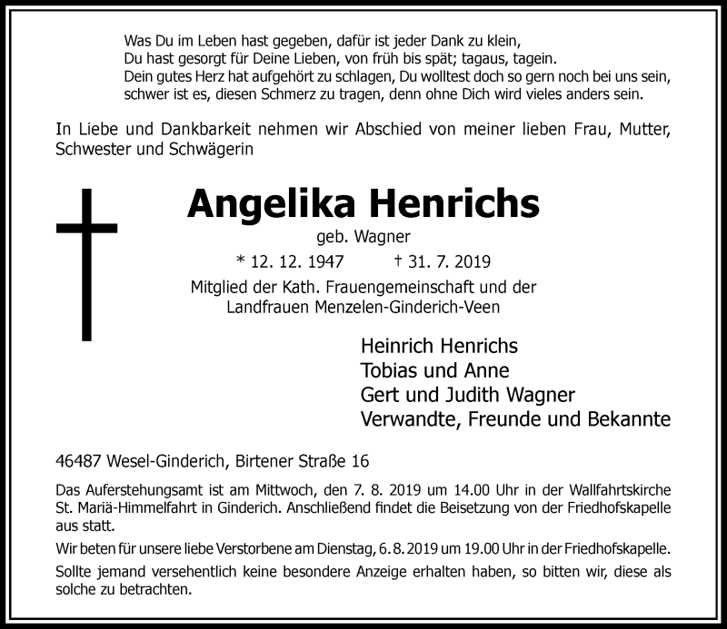  Traueranzeige für Angelika Henrichs vom 02.08.2019 aus Rheinische Post
