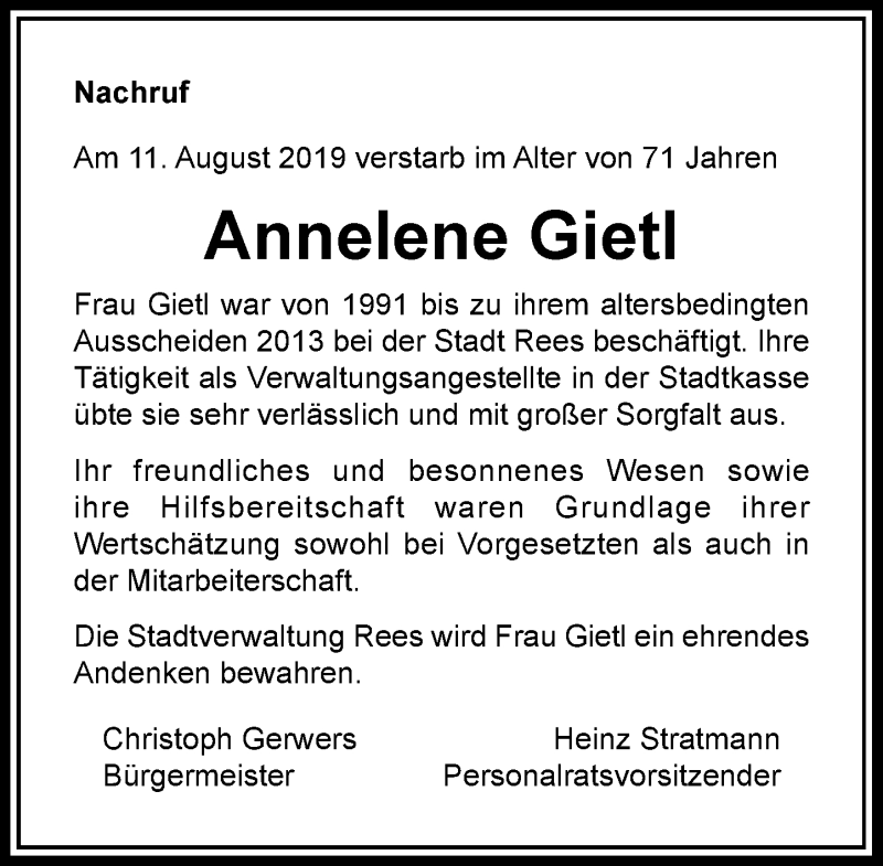  Traueranzeige für Annelene Gietl vom 17.08.2019 aus Rheinische Post