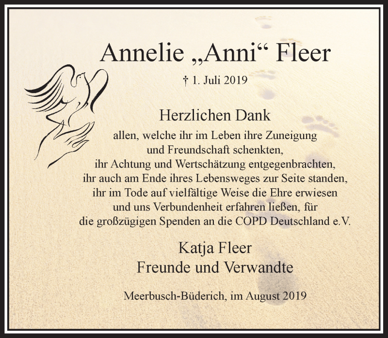  Traueranzeige für Annelie Fleer vom 31.08.2019 aus Rheinische Post