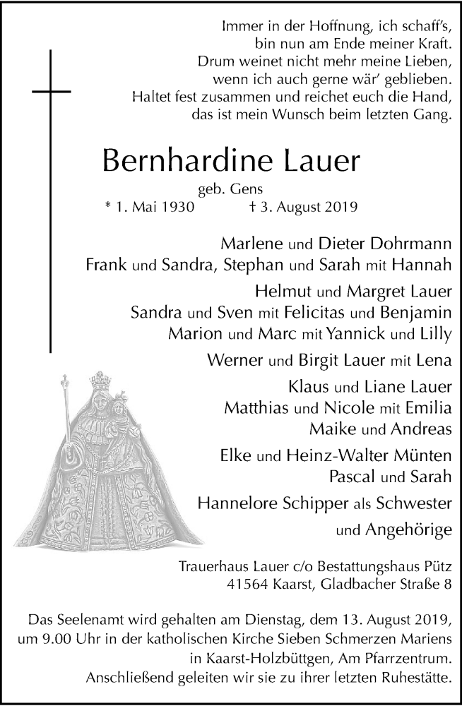  Traueranzeige für Bernhardine Lauer vom 10.08.2019 aus Rheinische Post