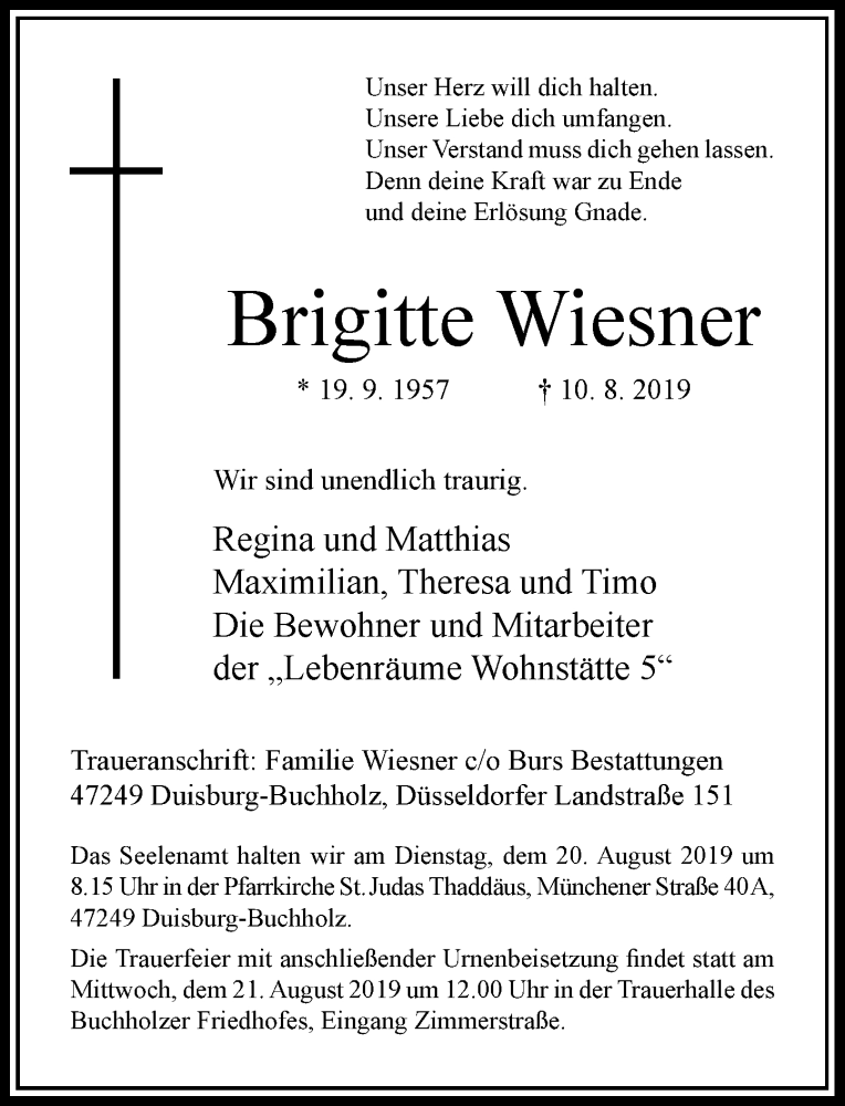  Traueranzeige für Brigitte Wiesner vom 15.08.2019 aus Rheinische Post