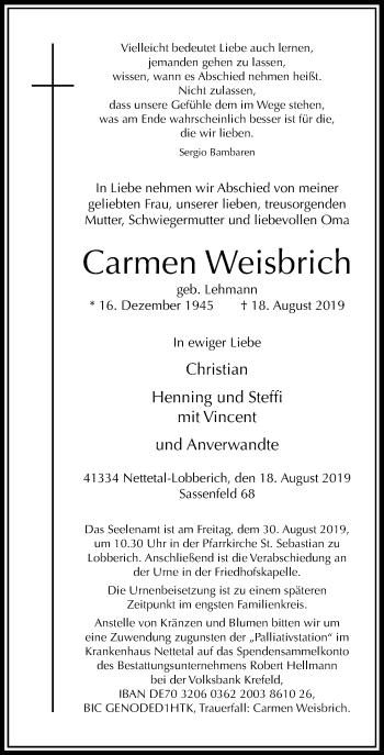 Traueranzeige von Carmen Weisbrich von Rheinische Post