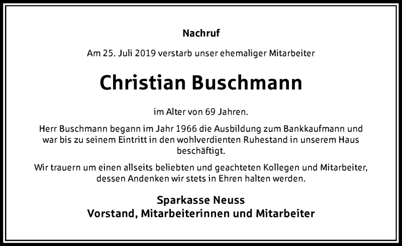  Traueranzeige für Christian Buschmann vom 17.08.2019 aus Rheinische Post