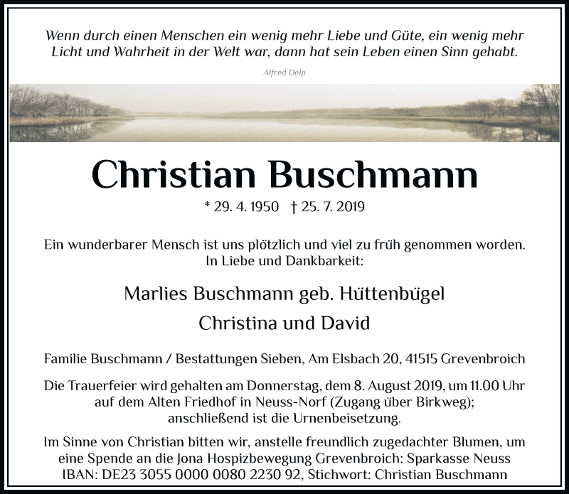  Traueranzeige für Christian Buschmann vom 03.08.2019 aus Rheinische Post