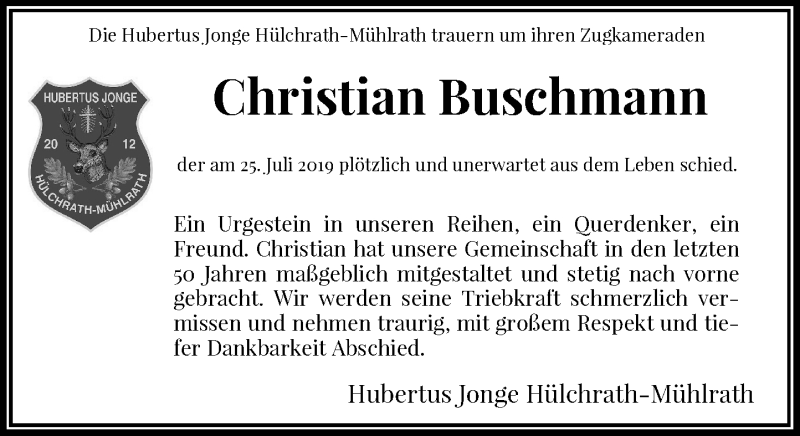  Traueranzeige für Christian Buschmann vom 07.08.2019 aus Rheinische Post