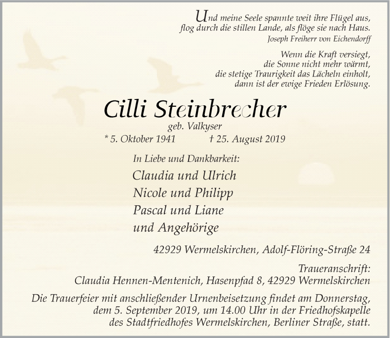  Traueranzeige für Cilli Steinbrecher vom 31.08.2019 aus Rheinische Post